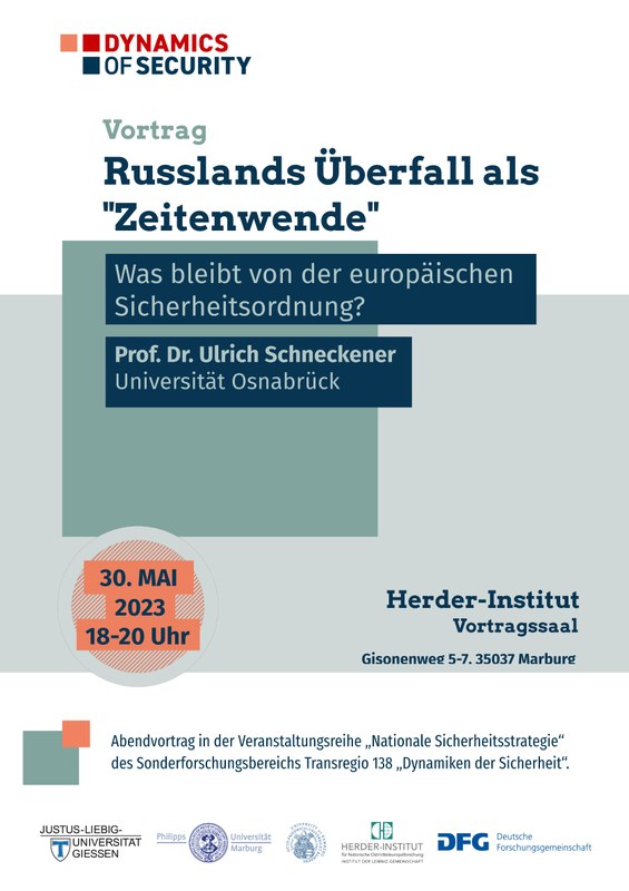 Plakat zum Vortrag "Russlands Überfall als "Zeitenwende". Prof. Dr. Ulrich Schneckener, Universität Osnabrück. Alle Informationen finden sich auch im Text des Termins. Klick öffnet vergrößerte Ansicht.
