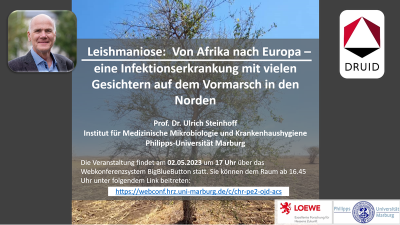 Plakat zum Vortrag "Leishmaniose. Von Afrika nach Europa – eine Infektionserkrankung mit vielen Gesichtern auf dem Vormarsch in den Norden". Alle abgebildeten Informationen finden sich im Termintext. Per Klick wird eine vergrößerte Ansicht geöffnet.