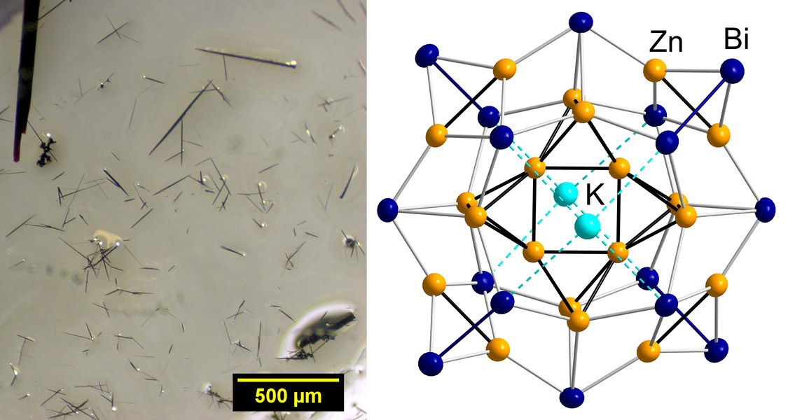 Zink-Bismut-Cluster bilden dünne Kristalle (mikroskopische Aufnahme links); das Schema zeigt die Struktur in Aufsicht.