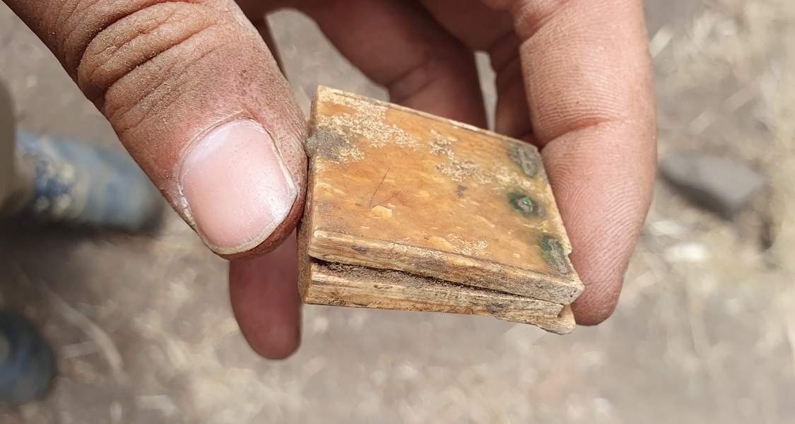 Wie die Zeit vergeht: Studierende bargen Knochenplättchen aus dem Boden, die sich als Überreste eine Taschensonnenuhr entpuppten. (Foto: Tobias Heuwinkel)