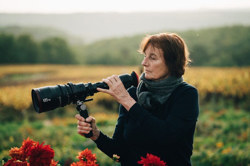 Frau mit Kamera in einem Feld