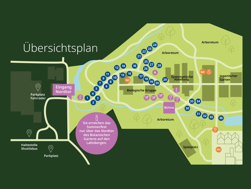 Übersicht der Stände auf dem Uni-Sommerfest 2025. Ausschnitt aus dem Programmflyer (PDF)