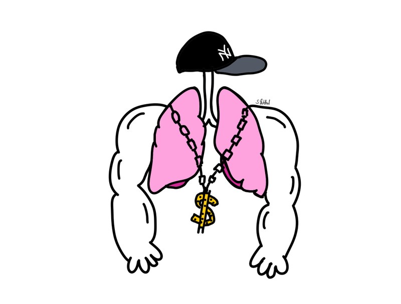 Eine Grafik von einer Lunge mit Goldkettchen und Hut
