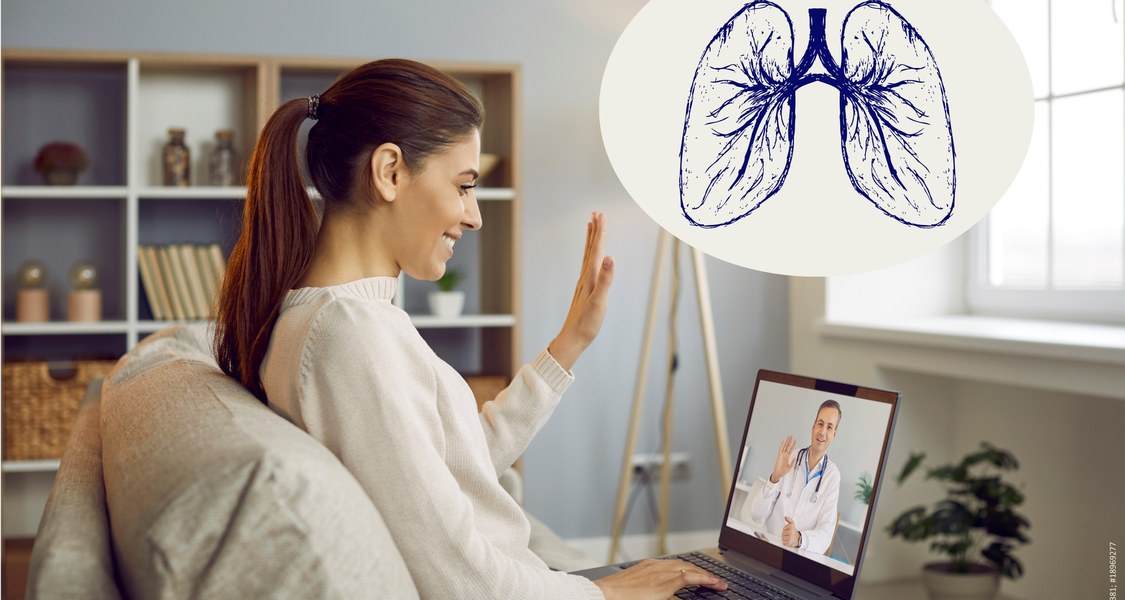 Frau winkt in einen Bildschirm; eine stilisierte Lunge ist überlagert
