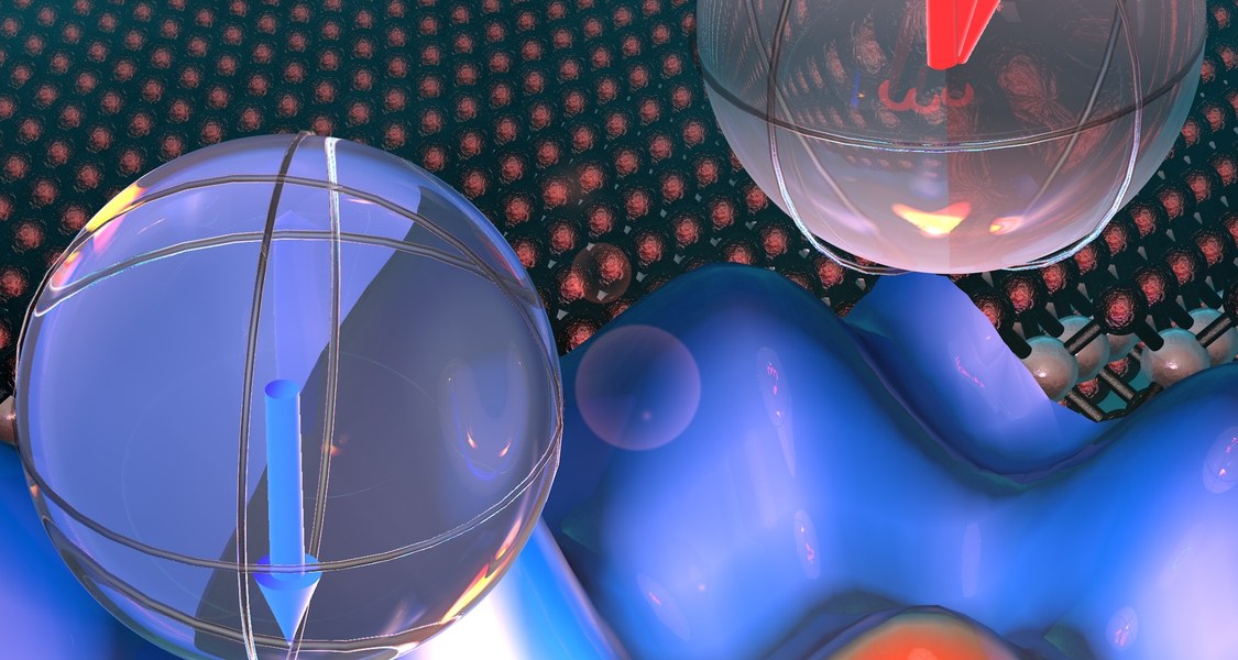 Kunst der Kontrolle: Die blauen Hügel veranschaulichen die Energielandschaft eines Wolframdiselenid-Halbleiters. Elektronen werden von einem Tal in ein anderes Tal beschleunigt (gelborange). Die farbigen Pfeile in den Kugeln symbolisieren den Valley-Pseudospin, der dabei umgeschaltet wird.