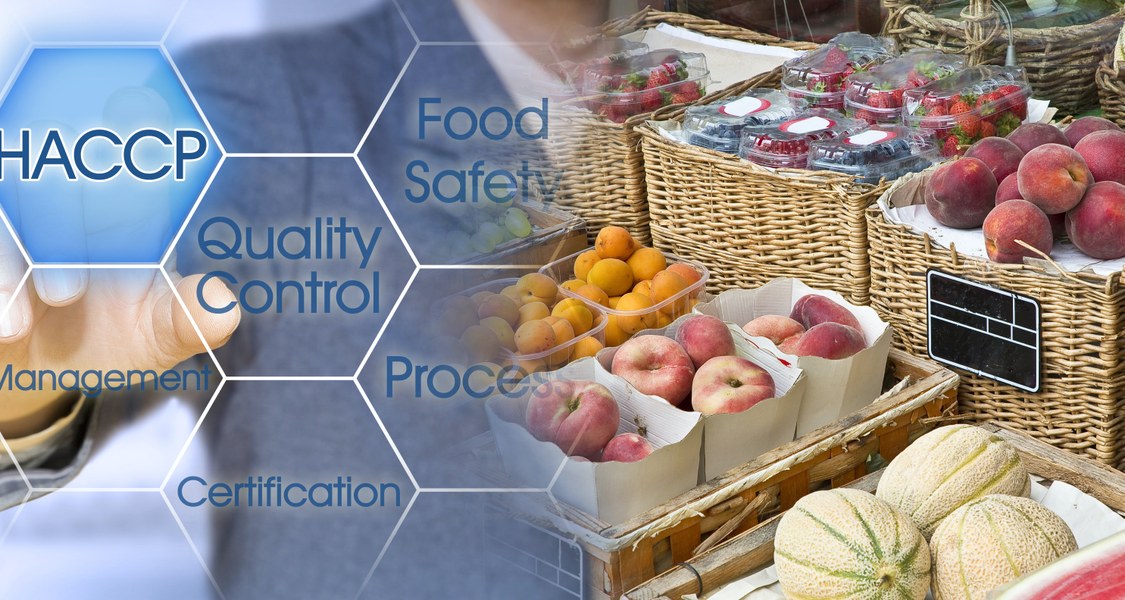 Große geflochtene Körbe mit verschiedenen Obstsorten auf der rechten Seite. Links ist im Hintergrund eine Person im Anzug zu sehen, welche von transparenten Achtecken überlagert wird. In den Achtecken steht HACCP, Management, Quality Control, Certification, Food Safty und Process.