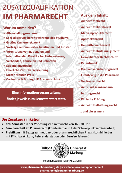 Werbeplakat für die Zusatzqualifikation im Pharmarecht