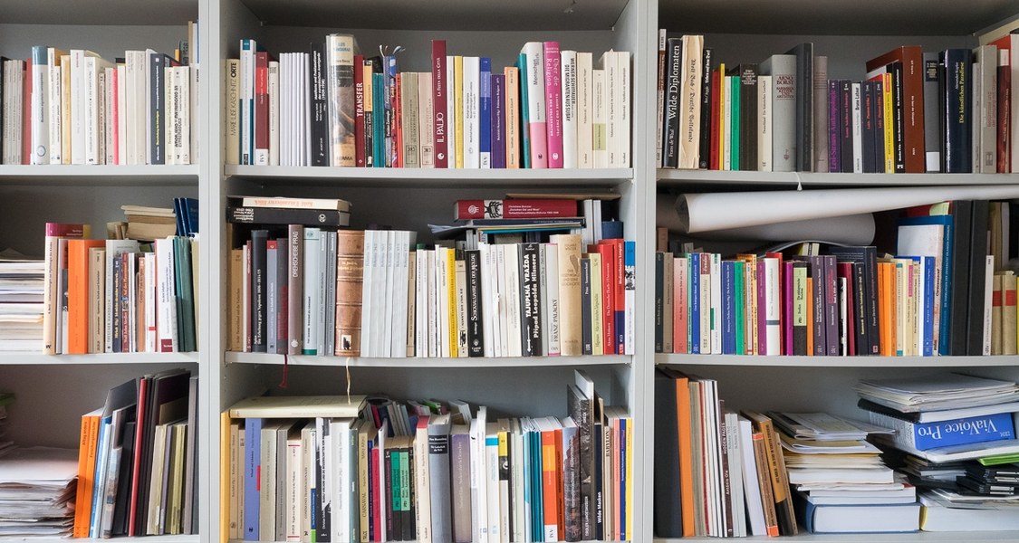 Frontale Teilansicht eines gefüllten Bücherregals