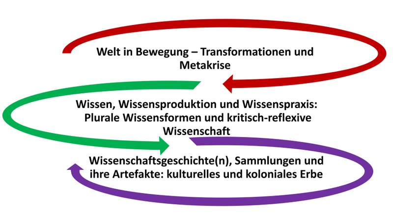 Die Grafik zeigt drei geschwungene aufeinanderfolgende Pfeile in den Farben rot, grün und lila. Diese Pfeile umkreisen spiralförmig die drei genannten Fokusthemen des FB 03. Rot: Welt in Bewegung-Transformationen und Metakrise. Grün: Wissen, Wissensproduktion und Wissenspraxis: Plurale Wissensformen und kritisch-reflexive Wissenschaft. Lila: Wissenschaftsgeschichte(n), Sammlungen und ihre Artefakte: kulturelles und koloniales Erbe.