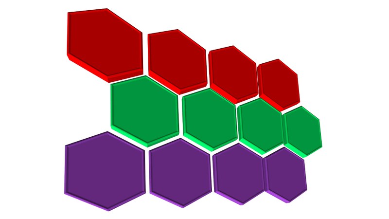 Die Grafik zeigt drei Reihen von Sechsecken, die sich farblich vonenander unterscheiden. Die Farben sind Rot, Grün und Lila. Insgesamt bilden die Sechsecke eine Wabenstruktur und repräsentieren die Projekte des FB 03.