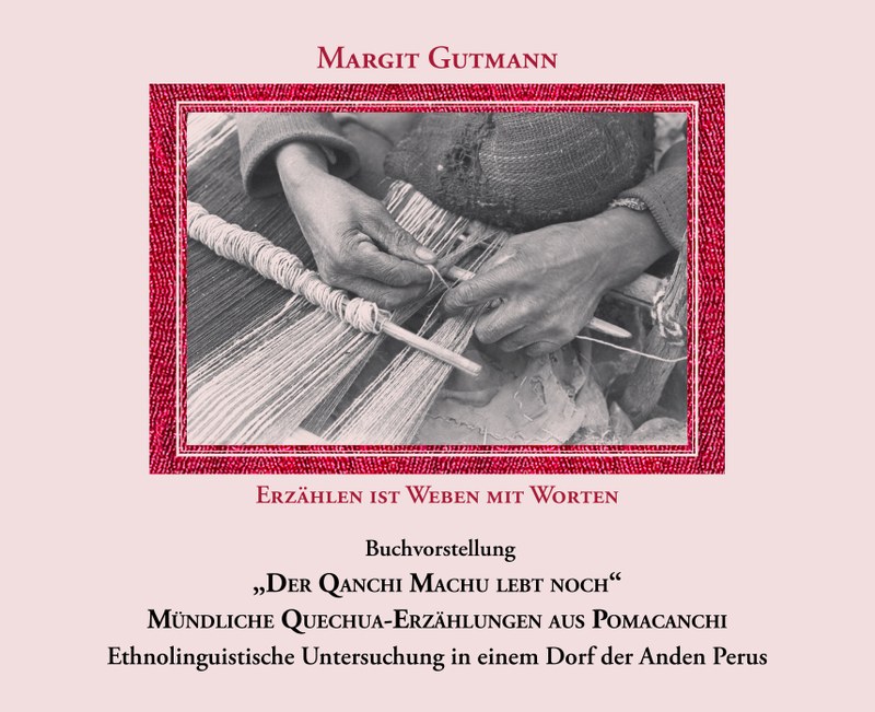Titelbild es Buchs von Dr. Margit Gutmann "Erzählen ist Weben mit Worten." Das Bild zeigt die Hände einer Frau, die gerade webt.