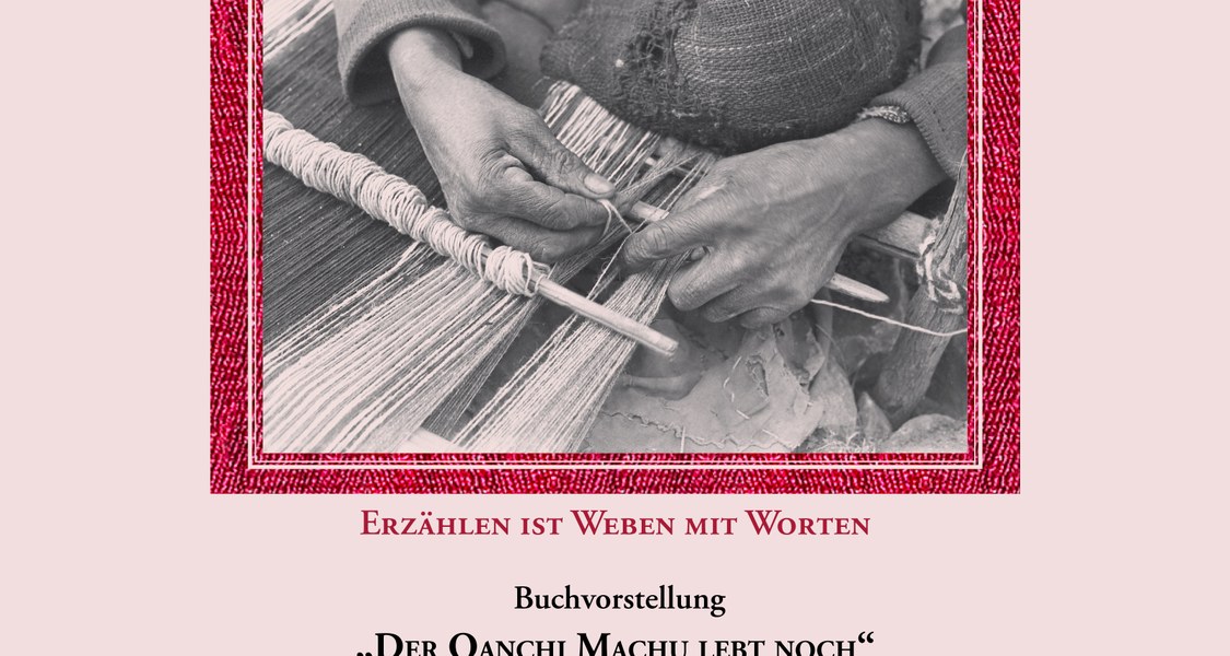 Titelbild es Buchs von Dr. Margit Gutmann "Erzählen ist Weben mit Worten." Das Bild zeigt die Hände einer Frau, die gerade webt.