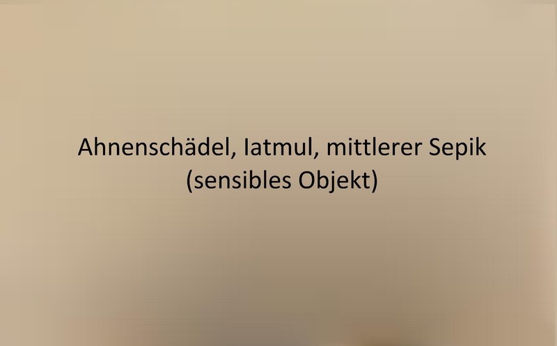 Zensiertes Foto eines Ahnenschädels aus der Gesellschaft der Iatmul. Übermodellierter, bemalter Schädel, der mit pflanzlichen Samen versehen ist. Farbige Linien deuten die Gesichtszüge des verstorbenen an.