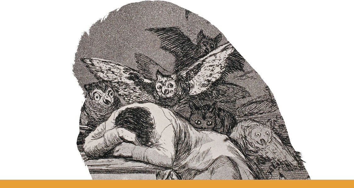 Umriss des Kopfes einer Eule mit orangem Unterstrich / Ausschnitt aus Francisco de Goya, Der Schlaf der Vernunft gebiert Ungeheuer (1797-99), Radierung