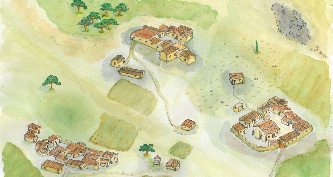 Aquarellbild des mittelbyzantinischen Dorfes Bogazköy