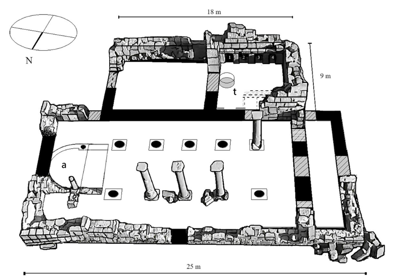 Grundriss des Atargatis-Tempels mit späterem Ausbau zur Basilika. Die bauliche Verbindung macht den religiösen Wandel des Ortes räumlich nachvollziehbar.