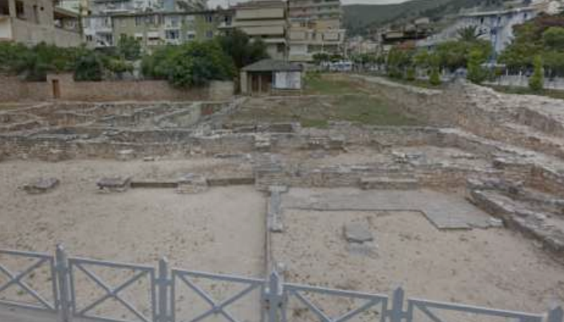 Die Basilika in ihrem heutigen Aussehen mit einem Wächterhäuschen umgeben von der Stadt