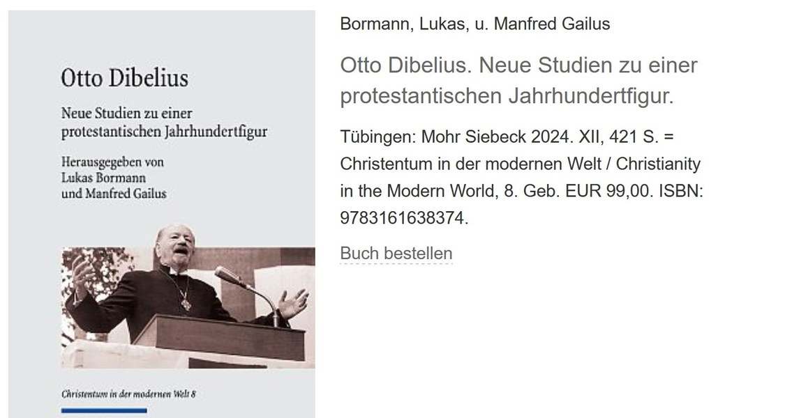 Titel des Buches: Otto Dibelius. Neue Studien zu einer protestantischen Jahrhundertfigur. Herausgegeben von Lukas Bormann und Manfred Gailus.