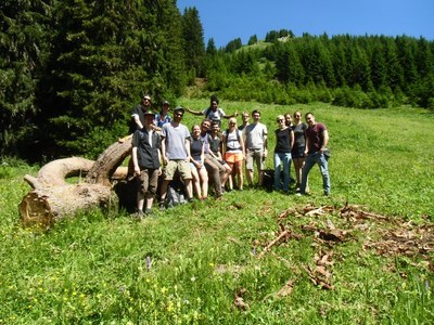 Die Teilnehmenden der Exkursion stehen vor einer sommerlichen alpinen Kulisse.