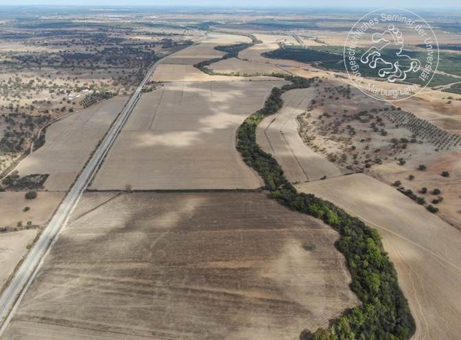 Aerial view of the Sado valley and Herdade de Defesa III, a large agricultural complex ("latifundium").