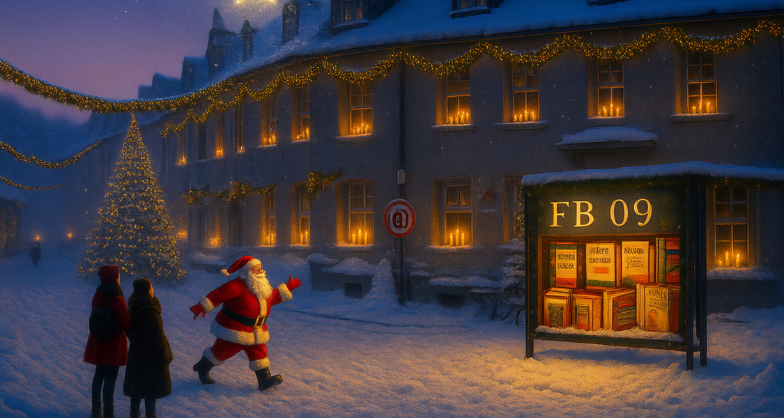 Der Weihnachtsmann holt Bücher beim Fachbereich 09 ab