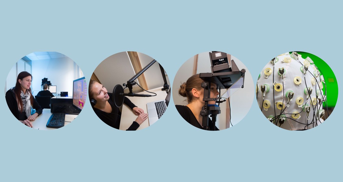 Fotocollage: 1) Person vor einem Computer-Bildschirm. 2)Person vor einem Mikrophon. 3) Person an einem Eye-Tracker. 4) Person mit EEG-Kappe.