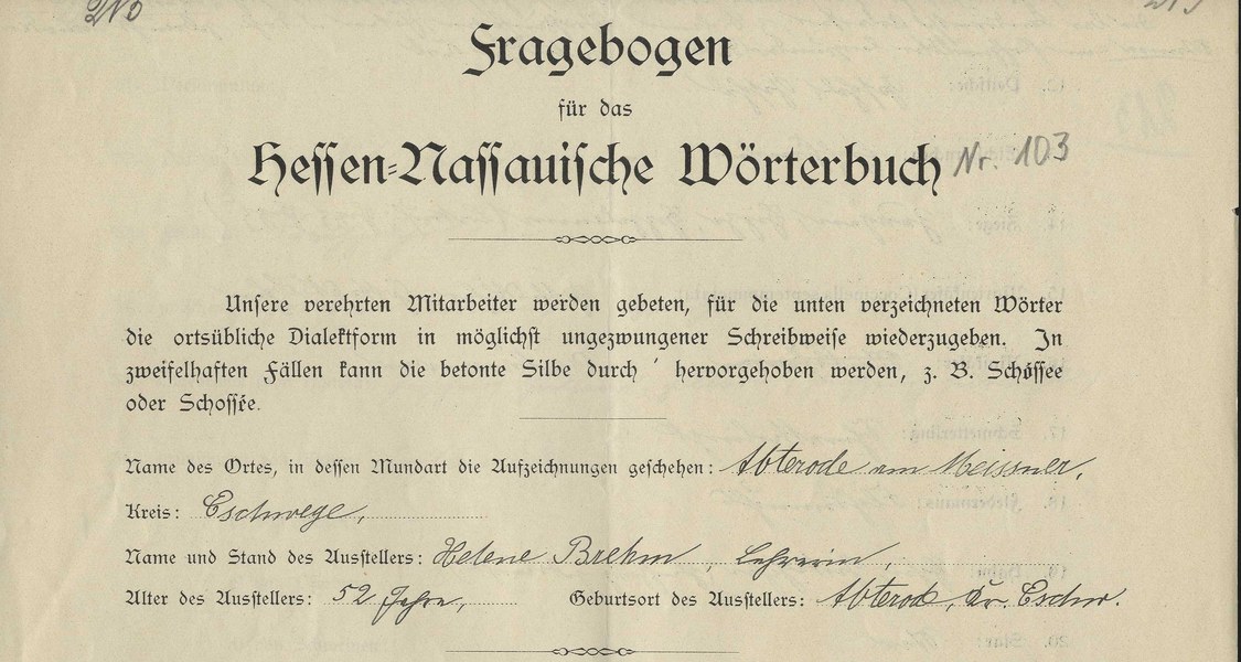 Fragebogenseite aus einer Umfragerunde für das Hessen-Nassauische Wörterbuch