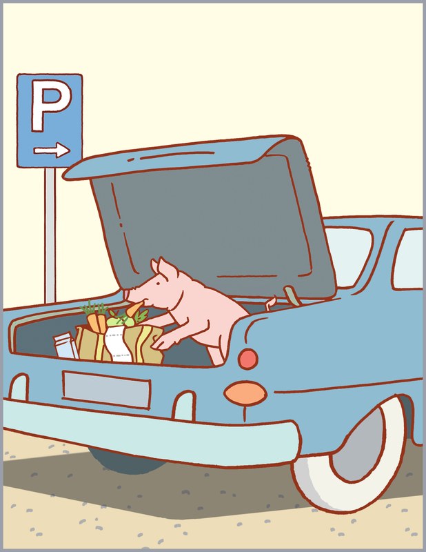 Auf dem Bild ist ein geparktes Auto mit geöffnetem Kofferraum zu sehen. Im Kofferraum befinden sich Einkäufe in einer Tasche und ein Schwein, das die Einkäufe auffrisst.