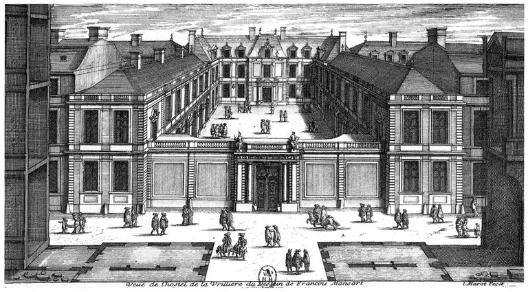 Druckgrafik: Ansicht des Hôtel de la Vrillière in Paris, schwarzweiß.