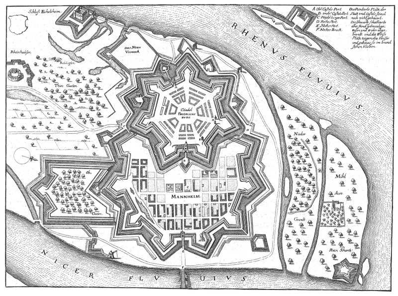 Mannheim mit der Zitadelle Friedrichsburg als Stadtplan von Matthäus Merian, schwarzweiß.