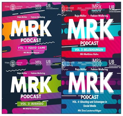 Collage der Introfolien der ersten vier MRK-Podcastfolgen