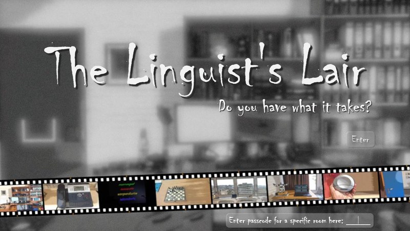 Grafik der Startseite des digitalen Escape Room Spiels "The Linguist´s Lair"