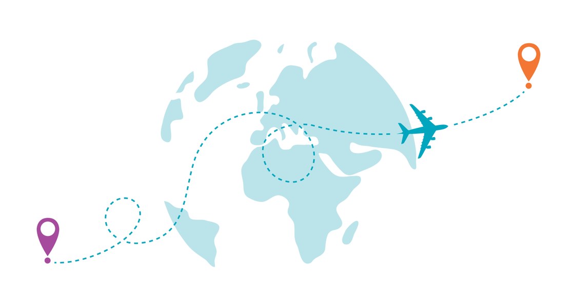 A blue world map with an airplane flying in front of it.