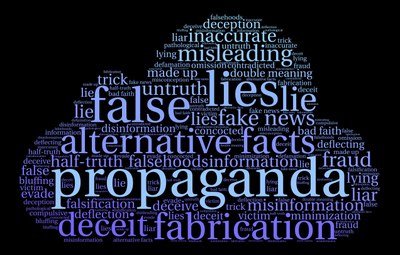 The word 'propaganda' surrounded by other related terms such as 'fabrication', 'deceit', 'alternative facts', etc.
