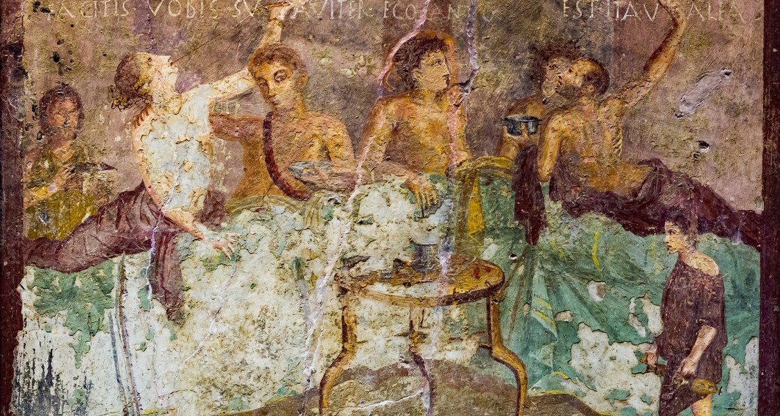 Fresko mit einer Symposionsszene aus Pompeji. Es stammt vermutlich aus dem ersten Jahrhundert nach Christus. Das Fresko beinhaltet eine Inschrift: Facitis vobis suaviter, ego canto.