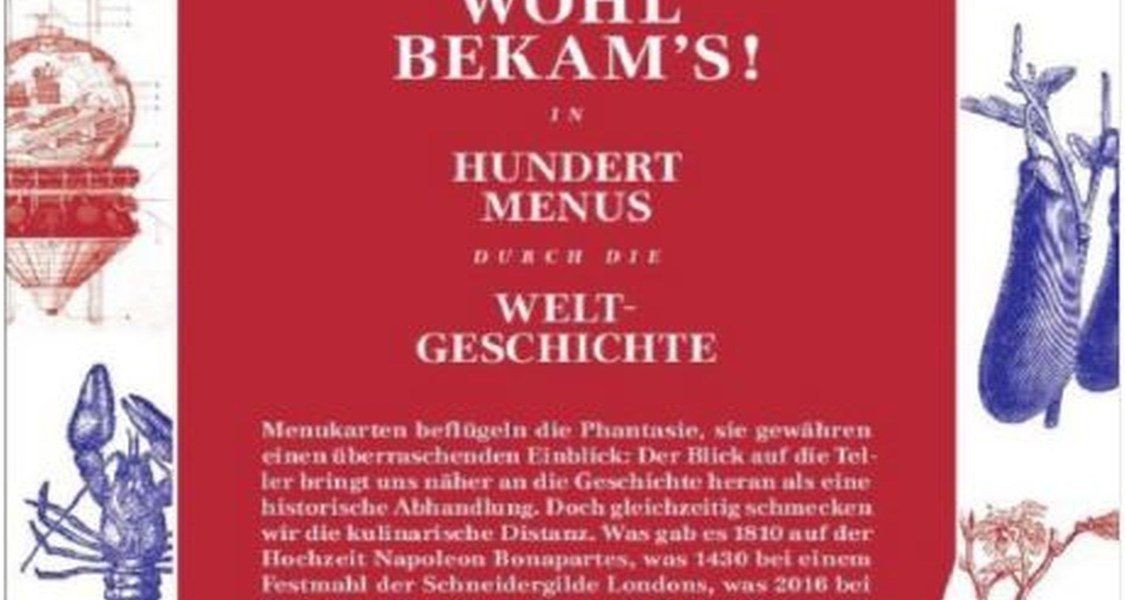 Buchcover "Wohl bekam's!" in hundert Menüs durch die Weltgeschichte. Menükarten beflügeln die Phantasie. Sie gewähren einen überraschenden Einblick: Der Blick auf die Teller bringt uns näher an die Geschichte heran als eine historische Abhandlung. Doch gleichzeitig schmecken wir die kulinarische Distanz. Was gab es 1810 auf der Hochzeit Napoleon Bonapartes, was 1430 bei einem Festmahl der Schneidergilde Londons, was 2016 bei Obamas letztem State Dinner als Präsident? Mit diesem Buch sind Sie bei hundert solcher Anlässe zu Gast.