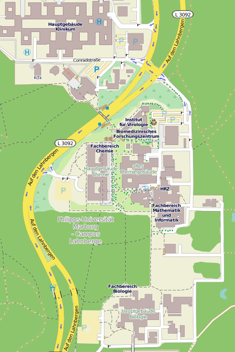 Kartenausschnitt mit der Lage des Mehrzweckgebäudes auf den Lahnbergen aus OpenStreetMap