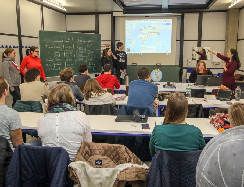 Professorin Agricola erklärt Studierenden etwas zu Längen auf Weltkarten.