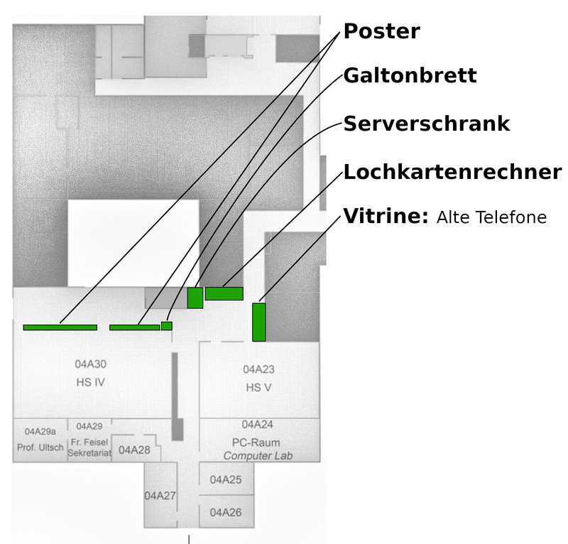 Lageplan der Vitrinen und ausgestellter Lehrobjekte der Modellsammlung im 4. Stock des A-Kerns des Mehrzweckgebäudes.
