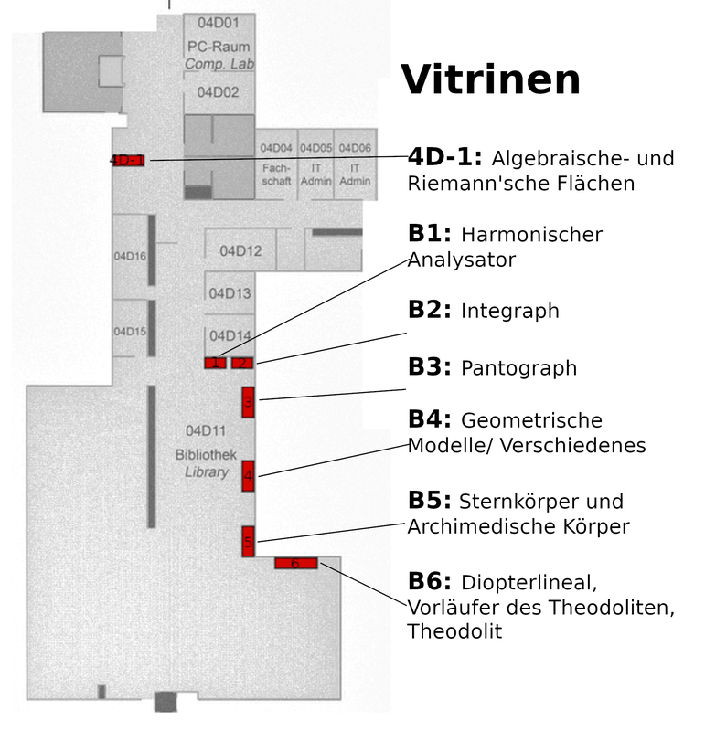 Lageplan der Vitrinen und ausgestellter Lehrobjekte der Modellsammlung in der Bibliothek des Mehrzweckgebäudes.