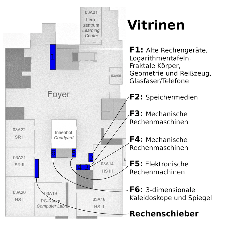 Lageplan der Vitrinen und ausgestellter Lehrobjekte der Modellsammlung im Foyer des Mehrzweckgebäudes.
