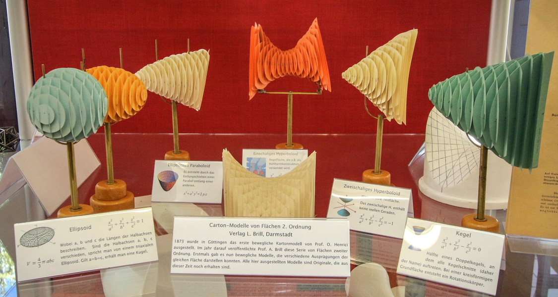 Vitrine mit Papiermodellen von Flächen zweiter Ordnung