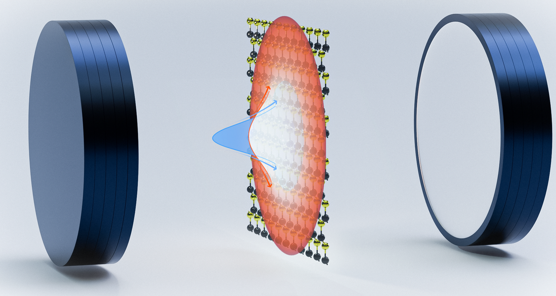 Infografik: 2-Halbleiter als Gitter zwischen zwei Wänden einer Mikrokavität