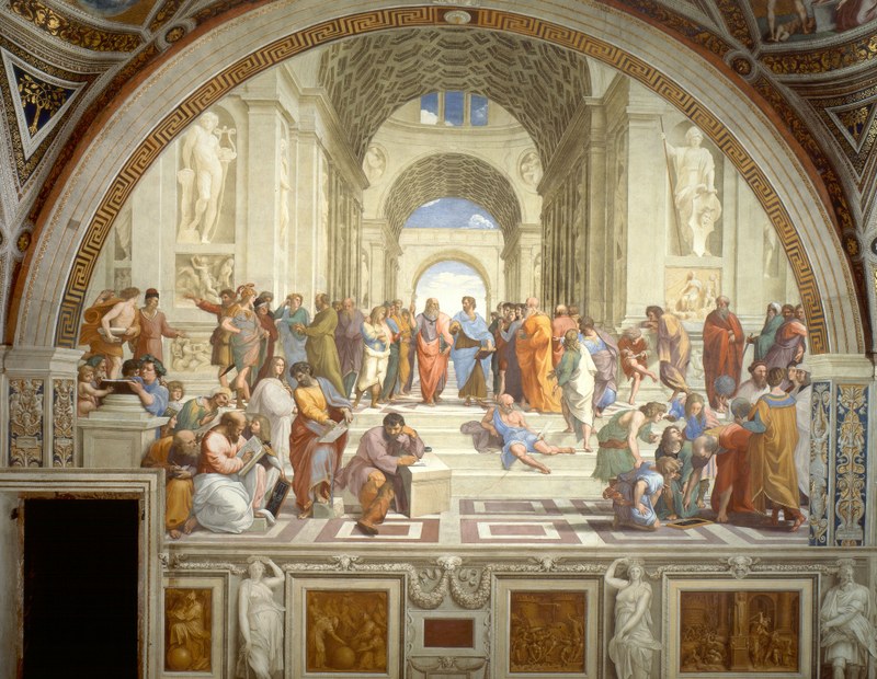 Das Bild beinhaltet ein Fresko mit dem Titel "Die Schule von Athen" des Malers Raffaello Sanzio da Urbino.