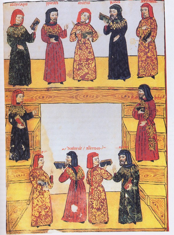 Seite aus einem Manuskript des 15. Jahrhunderts, die antike Mediziner wie zum Beispiel Asklepios, Hippokrates, Avicenna und Galen darstellt