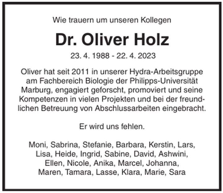 Wir trauern um Dr. Oliver Holz Forschung AG Hassel Philipps