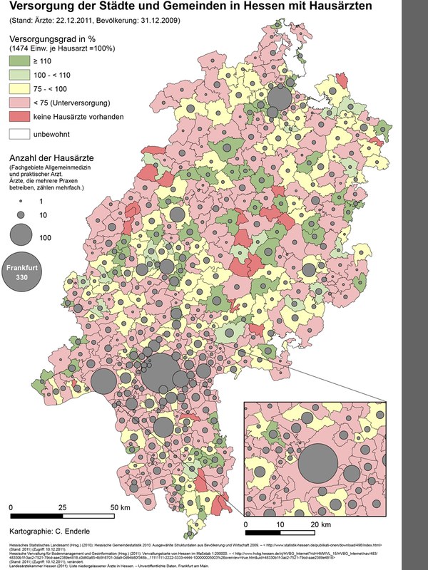 Eine Karte zur Ärzteversorgung in Hessen 2011, die den Versorgungsgrad der Gemeinden als Choroplethen und darüber mit Kreisdiagrammen die absolute Anzahl der Hausärzte in den Gemeinden zeigt.