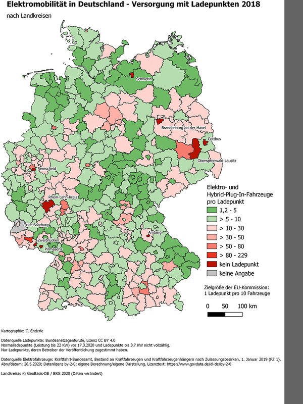 Eine Choroplethenkarte von Deutschland, die mit abgestuften Farben für jeden Landkreis die durchschnittliche Anzahl der Elektro- und Hybrid-Plug-In-Fahrzeuge pro Ladepunkt im Jahr 2018 zeigt.