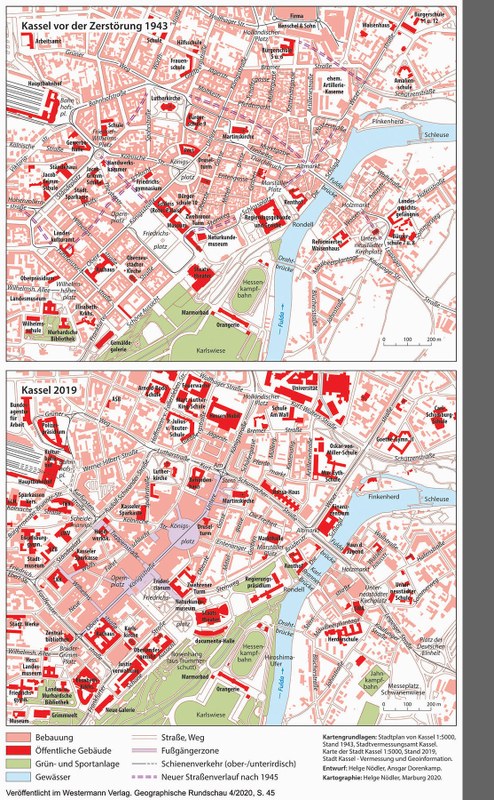 Oben: Karte der Kasseler Innenstadt vor der Zerstörung 1943. Unten: Karte der Kasseler Innenstadt im Jahr 2019.