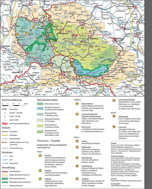Karte der Schutzgebiete und Tourismusziele im Harz